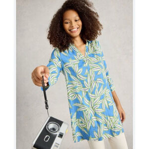 White Stuff BLAKE LINEN COLLARED TUNIC Leaf Print Blue White US6 UK10 EU38 $188